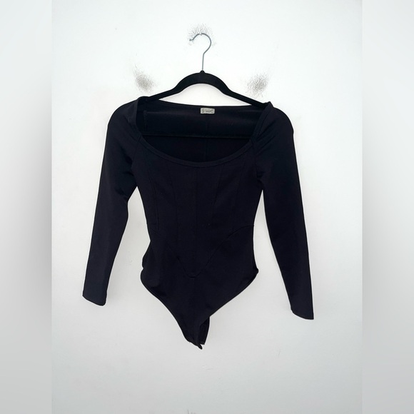 Free People Tops - Intimately Free People Black Thong Corset Bodysuit Long Sleeve Scoop Neck XS